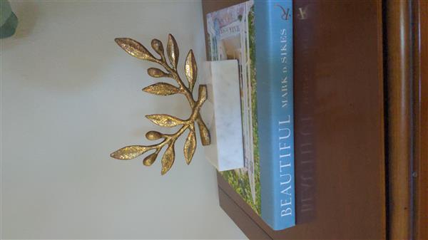 Olive Branch Gold Leaf Metal White Marble Base Sculpture Image 1
