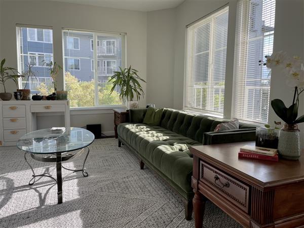 Allen Mid Century Green Velvet Brown Wood Frame Button Tufted Sofa - 91.25"W Image 1